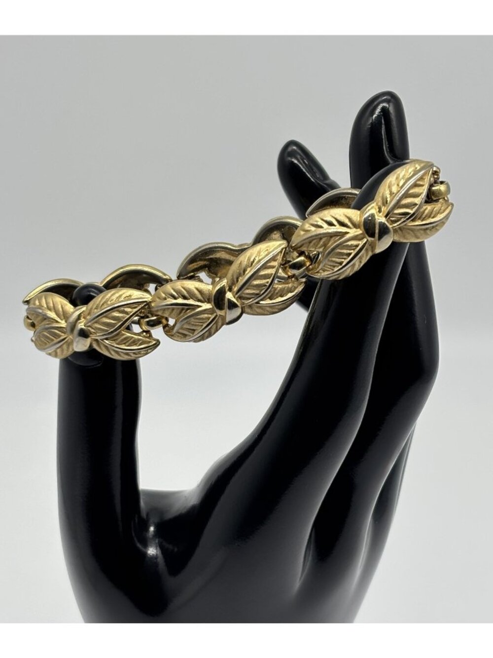 Vintage Trifari Leaf Link Bracelet Textured and Polished Gold-Tone Metal, Signed